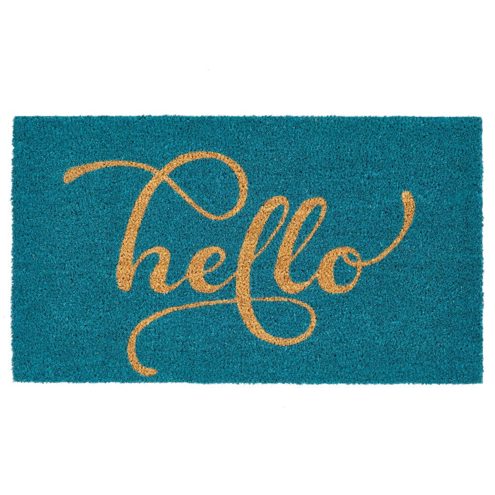 mDesign Doormat with Natural Fibers, Cursive Hello Turquoise