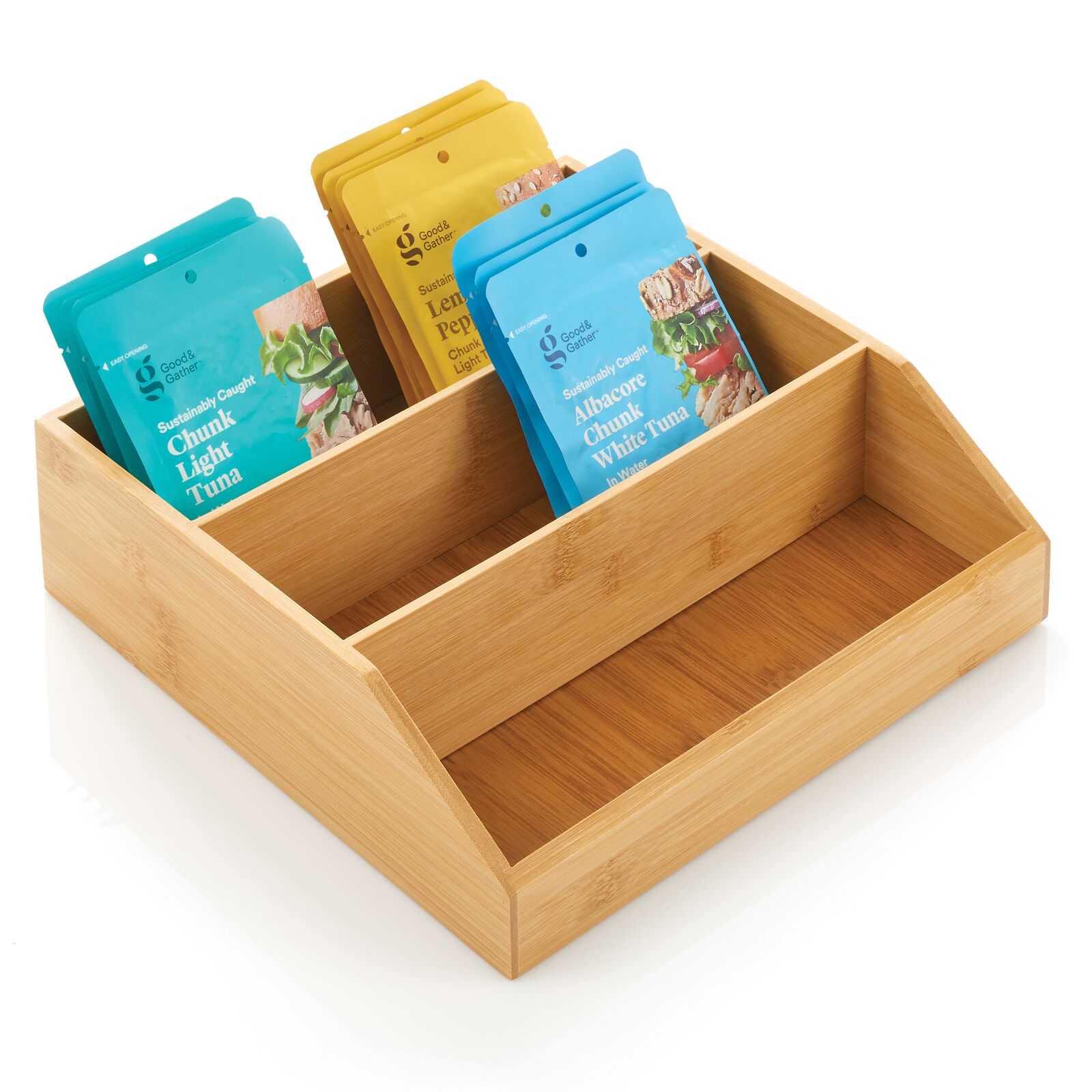 mDesign Wide Bamboo Wood Food Storage Bin with Divided 3 Compartments