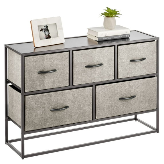 mDesign Wide Modern 5-Drawer Storage Dresser Unit, Sturdy Steel Frame, Wood Top, Easy-Pull Wood Handles/Fabric Bins, Organizer for Bedroom, Hallway, Entryway, Closet, Margot Collection, Black/Dk Gray
