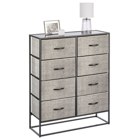 mDesign Wide Modern 8-Drawer Dresser Storage Unit, Sturdy Steel Frame, Wood Top, Easy-Pull Wood Handles/Fabric Bins, Organizer for Bedroom, Hallway, Entryway, Closet, Margo Collection, Black/Dark Gray