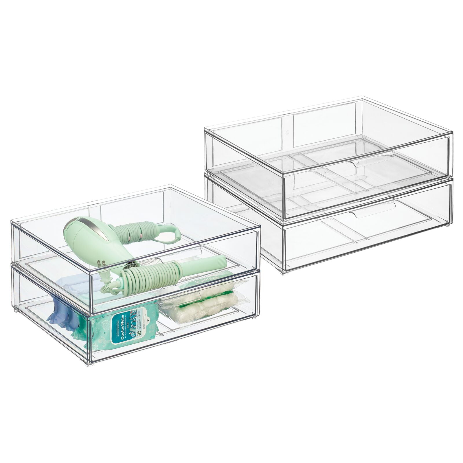mDesign Wide Plastic Stackable Bathroom Organizer Bin with Drawer, 4 Pack, Clear