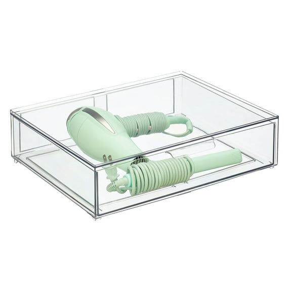 mDesign Wide Plastic Stackable Kitchen Storage Organizer Bin with Drawer, Clear