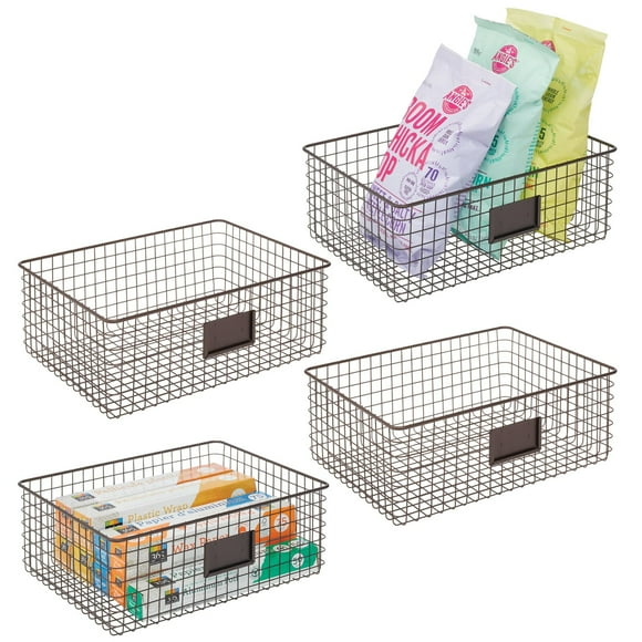 mDesign Wide Steel Kitchen Organizer Basket with Label Slot, 4 Pack - Bronze