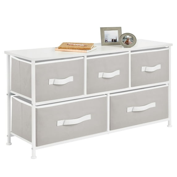 mDesign Wide Storage Dresser Furniture with 5 Fabric Drawers, Light Gray/White