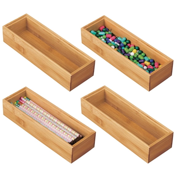 mDesign Wooden Bamboo Office Drawer Organizer Box Tray - 4 Pack - Natural Wood