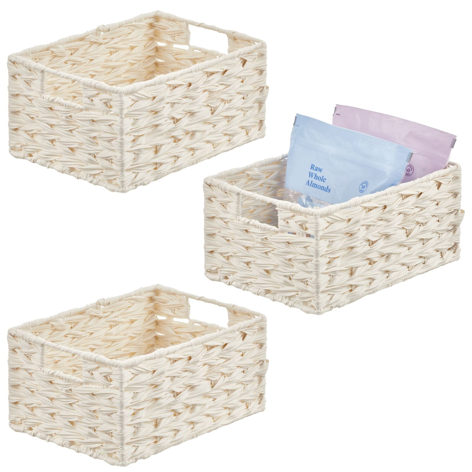 3ct mDesign Woven Farmhouse Kitchen Pantry Food Storage Basket Box, 3 Pack, White