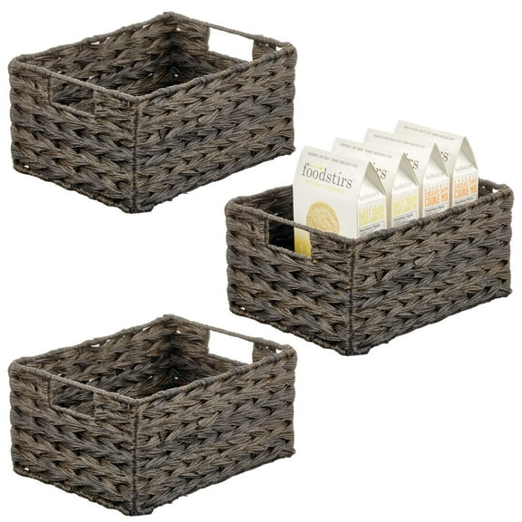 mDesign Woven Farmhouse Pantry Food Storage Bin Basket Box, 3 Pack, Dark Brown