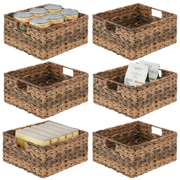 mDesign Woven Farmhouse Pantry Food Storage Bin Basket Box, 6 Pack - Brown Ombre