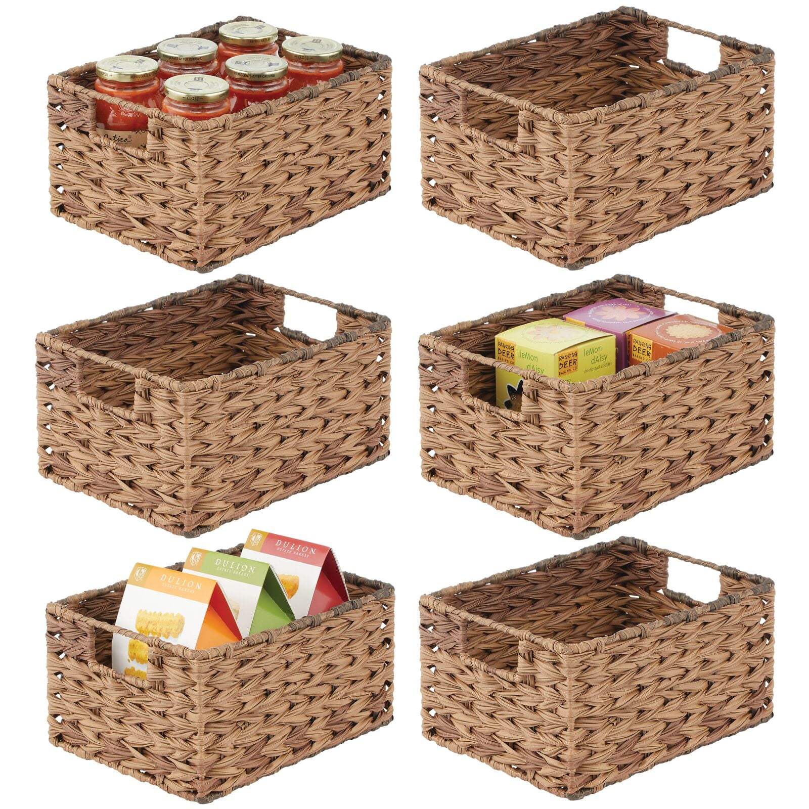 mDesign Woven Farmhouse Pantry Food Storage Bin Basket Box, 6 Pack - Brown Ombre