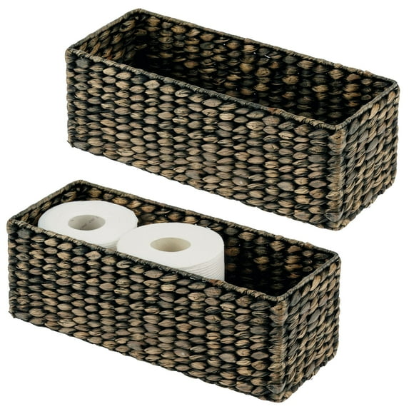 mDesign Woven Hyacinth Bathroom Toilet Tank Storage Basket, 2 Pack, Black Wash