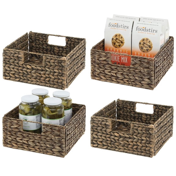 mDesign Woven Hyacinth Kitchen Basket Organizer with Handles, 4 Pack, Brown Wash