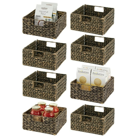 mDesign Woven Hyacinth Kitchen Basket Organizer with Handles, 8 Pack, Black Wash