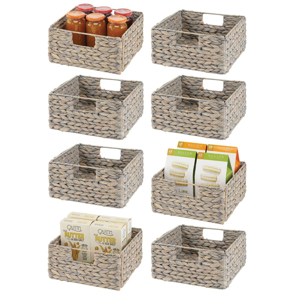 mDesign Woven Hyacinth Kitchen Basket Organizer with Handles, 8 Pack