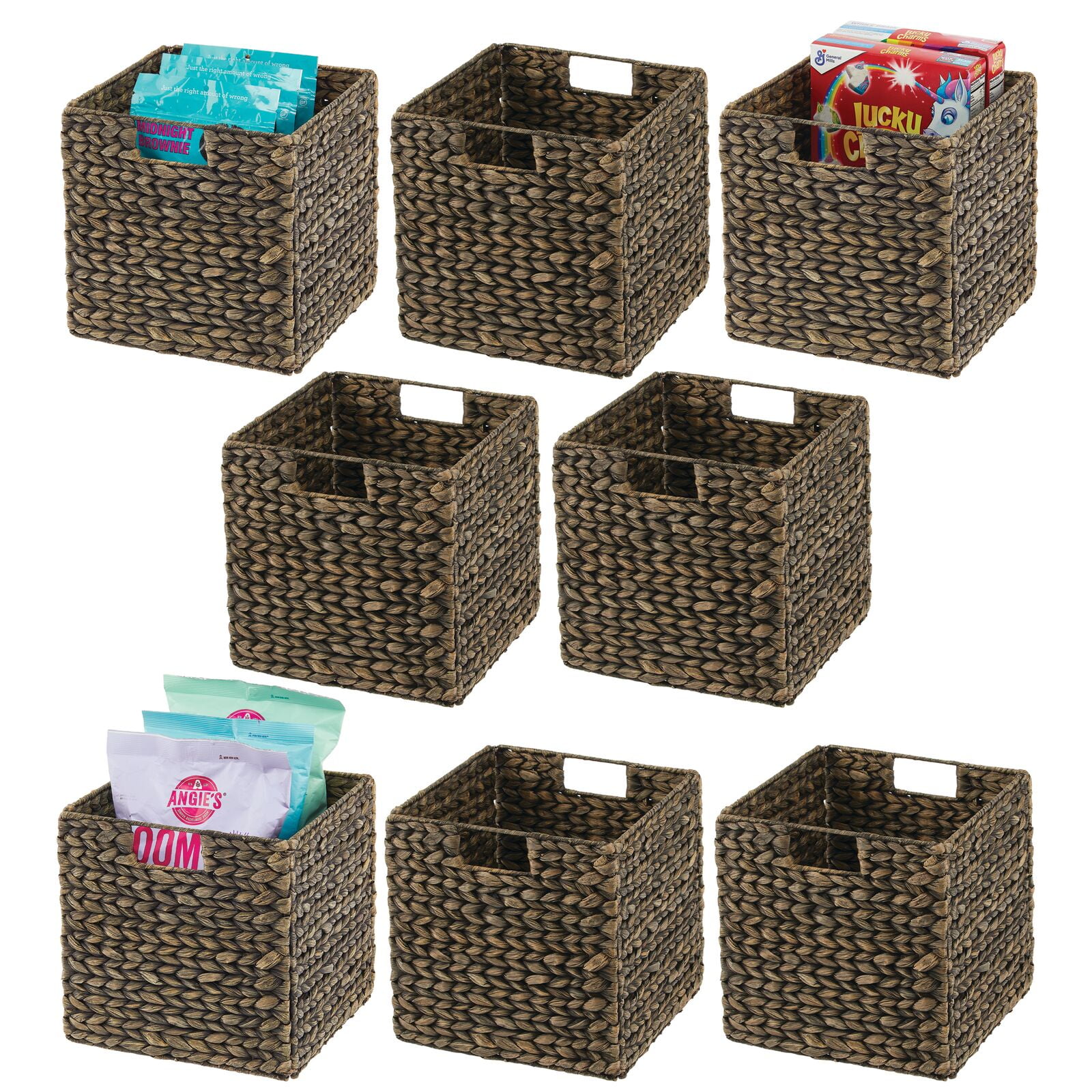 mDesign Woven Hyacinth Kitchen Storage Organizer Basket Bin, 8 Pack, Black Wash