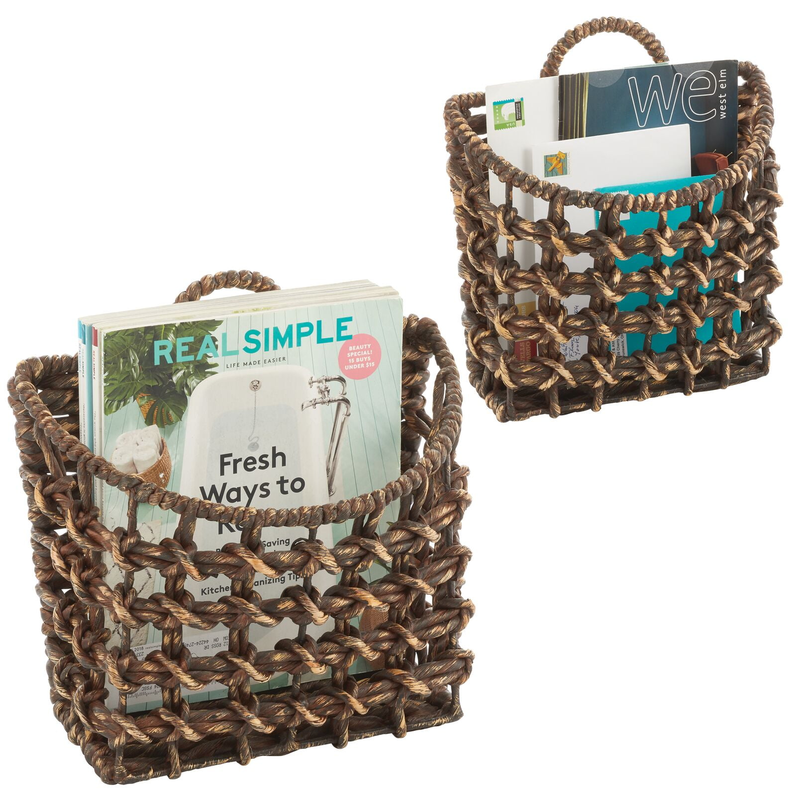 mDesign Woven Water Hyacinth Hanging Wall Storage Basket Set of 2
