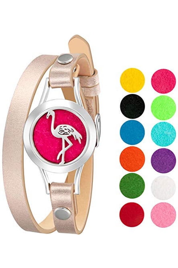 mEssentials Flamingo Essential Oil Diffuser Bracelet, Stainless Steel Aromatherapy Locket, Leather Band with 12 Color Pads, Womens Jewelry Gift Set
