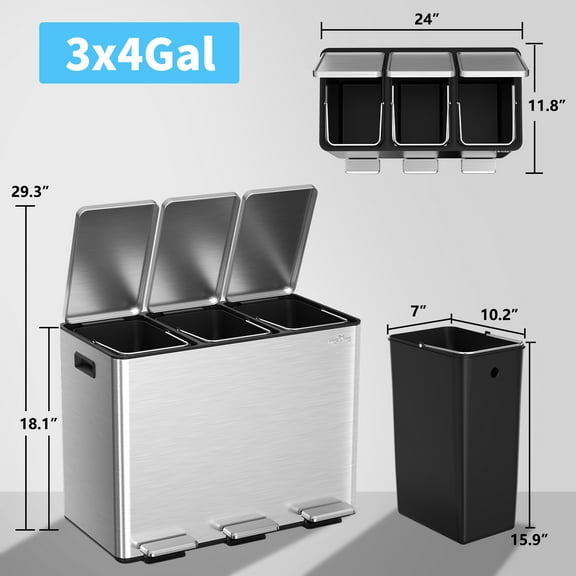 mVm 12 Gal Stainless Steel 3 Compartment Trash Can, Triple Step Trash Can with Steel Lids, Modern Kitchen Office Garbage Can(Silver)