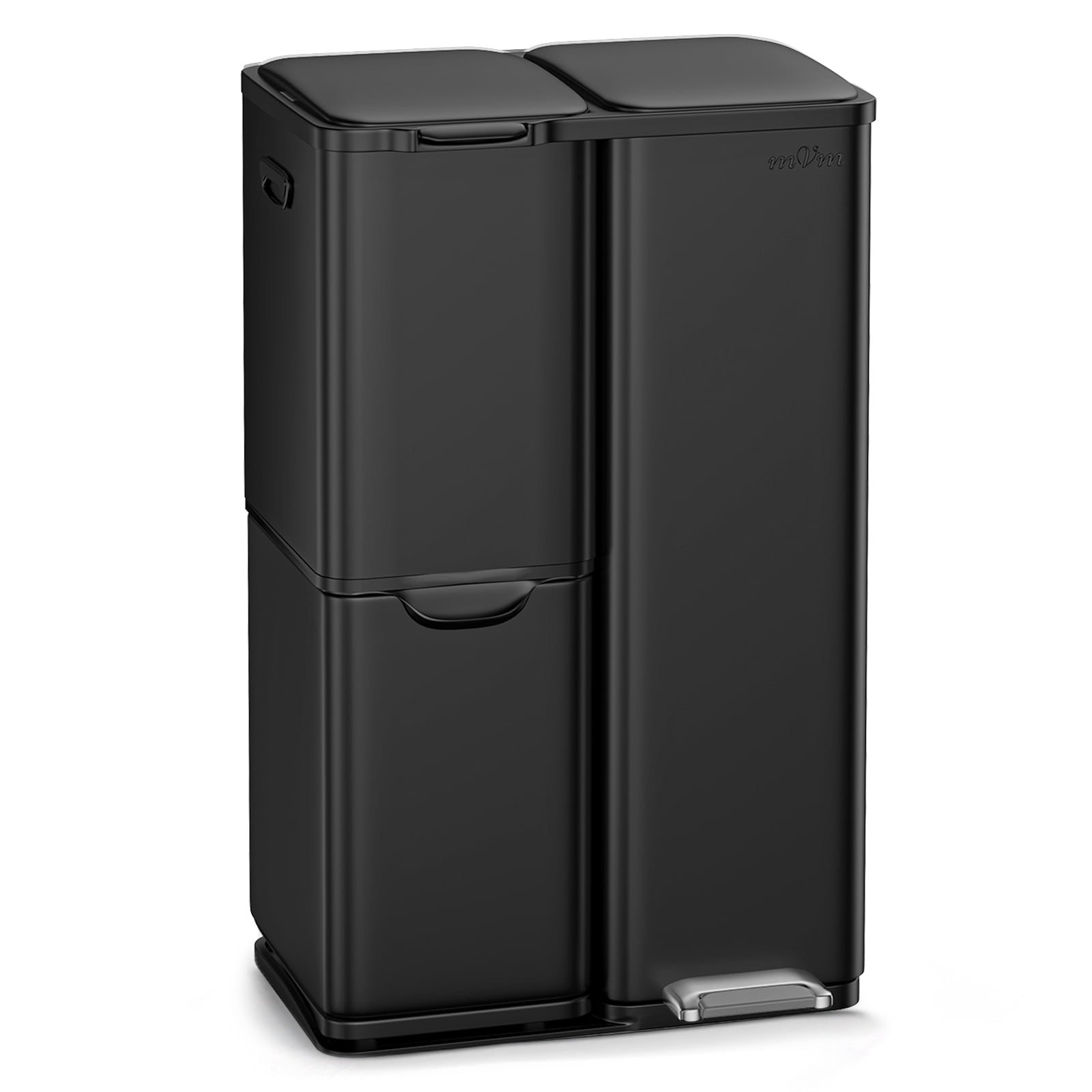 mVm 16 Gal 3 Compartment Kitchen Trash Can, Triple Stainless Steel Garbage Can, Heavy Duty Anti Fingerprint Recycling Bin for Office Home（Black）