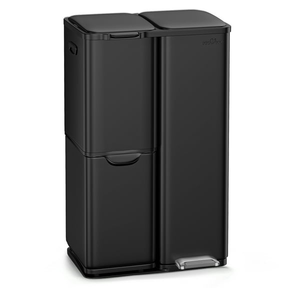 mVm 16 Gal 3 Compartment Kitchen Trash Can, Triple Stainless Steel Garbage Can, Heavy Duty Anti Fingerprint Recycling Bin for Office HomeBlack