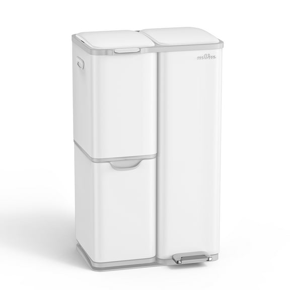 mVm 16 Gal Kitchen Trash Can, 3 Compartment Garbage Can, Heavy Duty Anti Fingerprint Brushed Recycling Bin for Office HomeWhite
