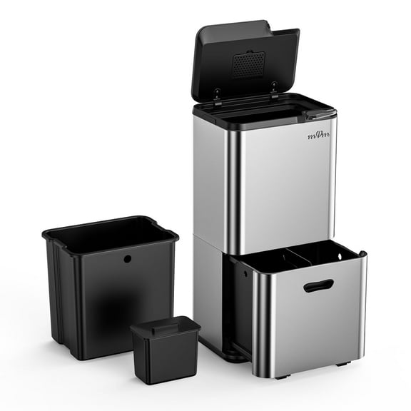 mVm 16 Gal Stainless Steel Trash Can , Dual Compartment (32L+28L) Brushed Steel Garbage Bin with Lid and Odor Filter