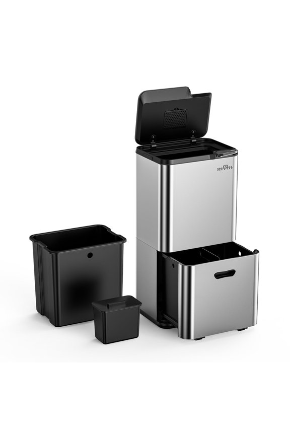 16 Gal Stainless Steel Trash Can , Dual Compartment (32L+28L) Brushed Steel Garbage Bin with Lid and Odor Filter