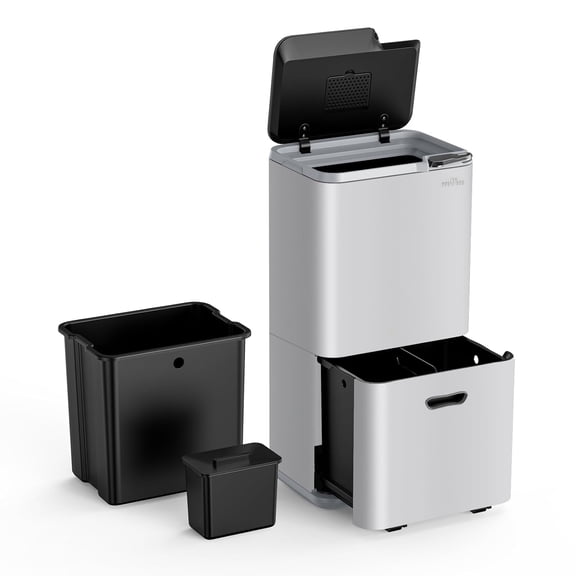 mVm 16 Gal Stainless Steel Trash Can Kitchen, Dual Compartment (8.5Gal+7.5Gal), Heavy Duty Garbage Can for Farmhouse Home (Cement)