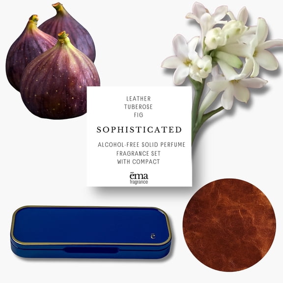 ēma fragrance Solid Perfume Set, 3 Fragrance Pods and 1 Refillable Compact, Leather, Tuberose, Fig with Blue Compact