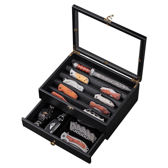 Amoard Knife Display Case, Knife Collection Display Holder with Glass Lid, 2-Layer Wooden Pocket Knife Case with Drawers, Black