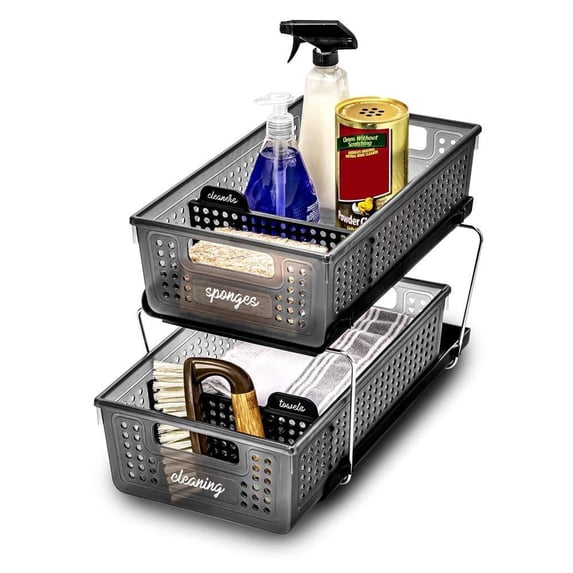 madesmart 2-Tier Organizer Multi-Purpose Slide-Out Storage with Handles and Dividers, Home and Bath Organization, BPA Free, Carbon/Frost