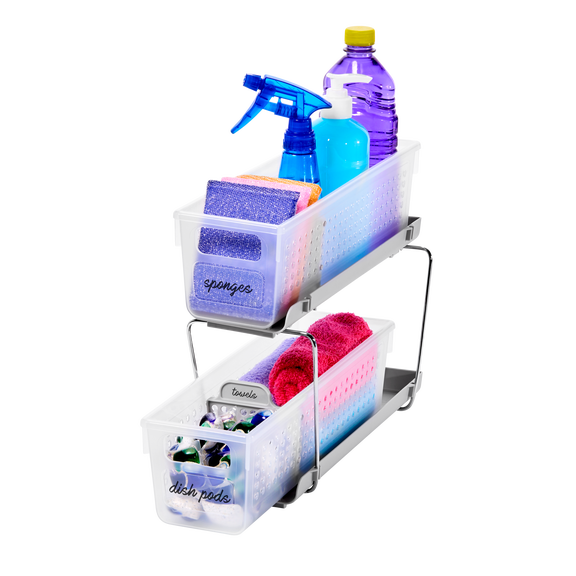 madesmart 2-Tier Plastic Mini Multipurpose Organizer with Divided Slide-Out Storage Bins, Compact Under Sink and Cabinet Organizer Rack, Frost