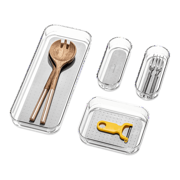 madesmart 4-Piece Clear Bin Pack, Clear Soft-Grip Collection, Soft-Grip Lining, Non-Slip Feet, BPA-Free, Light Grey/Clear