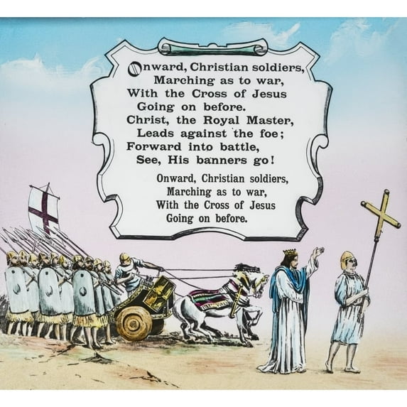 A magic lantern slide circa 1900. Religious slides . Slide projecting the words and graphics for the hymn Onward Christian Soldiers by John Short / Design Pics (16 x 15)