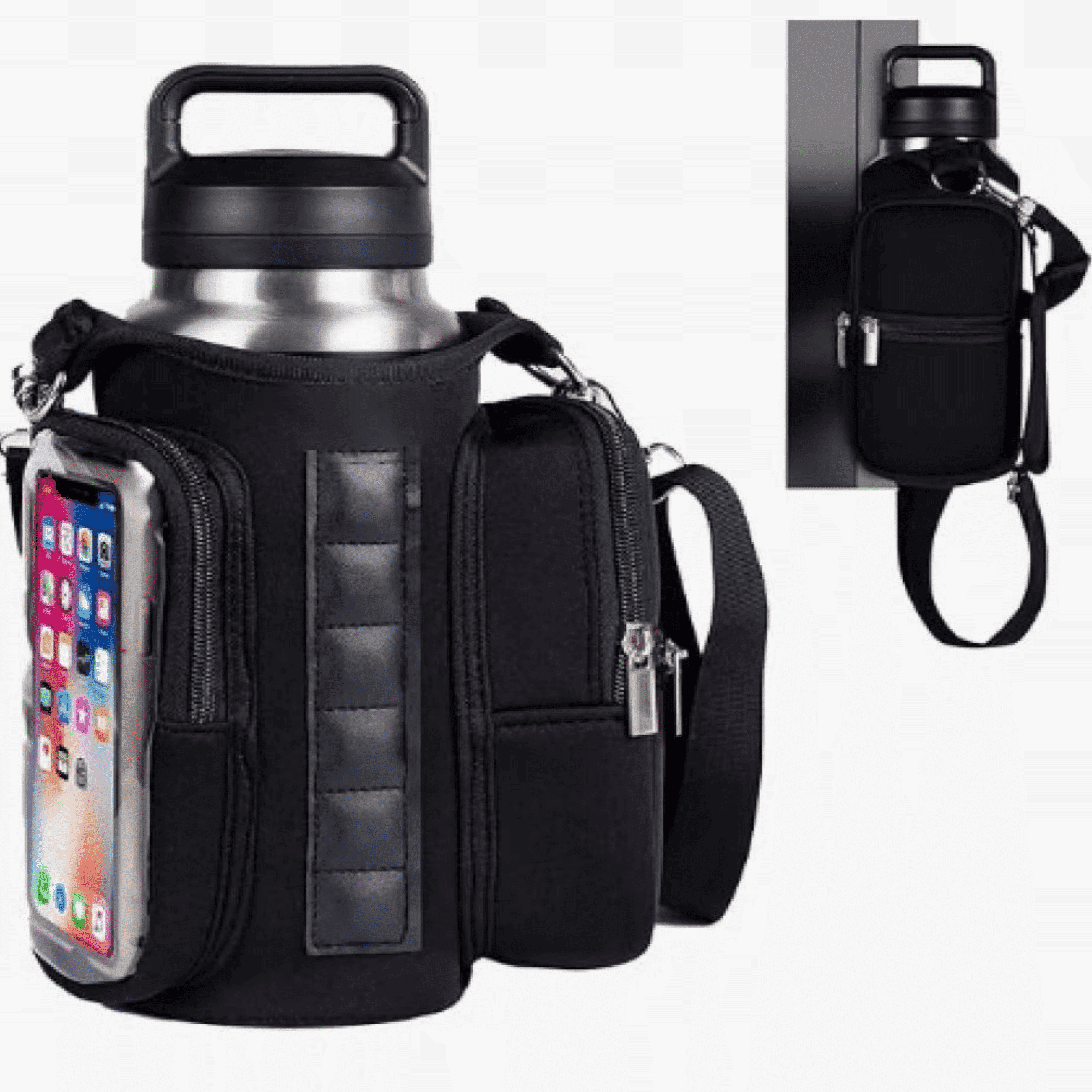 NoorSouk Magnetic Gym Water Bottle Holder Bag - Transparent Window Phone Pocket, Fits 21-40 oz Bottles & Every Fitness Equipment