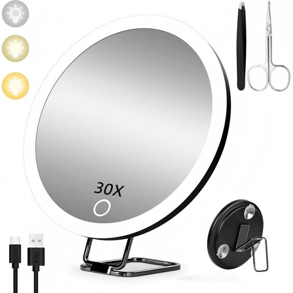 Behome 30x Magnifying Mirror With Light, 360°Adjustable Stand & Suction Cups Vanity Mirror, 3 Color Modes & Stepless Dimming, Rechargeable Lighted Makeup Mirror, for Vanity