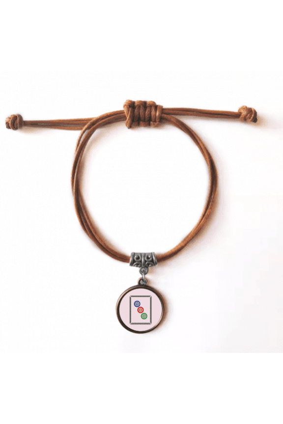 mahjong dots 3 tile pattern bracelet leather hide wristband brown jewelry