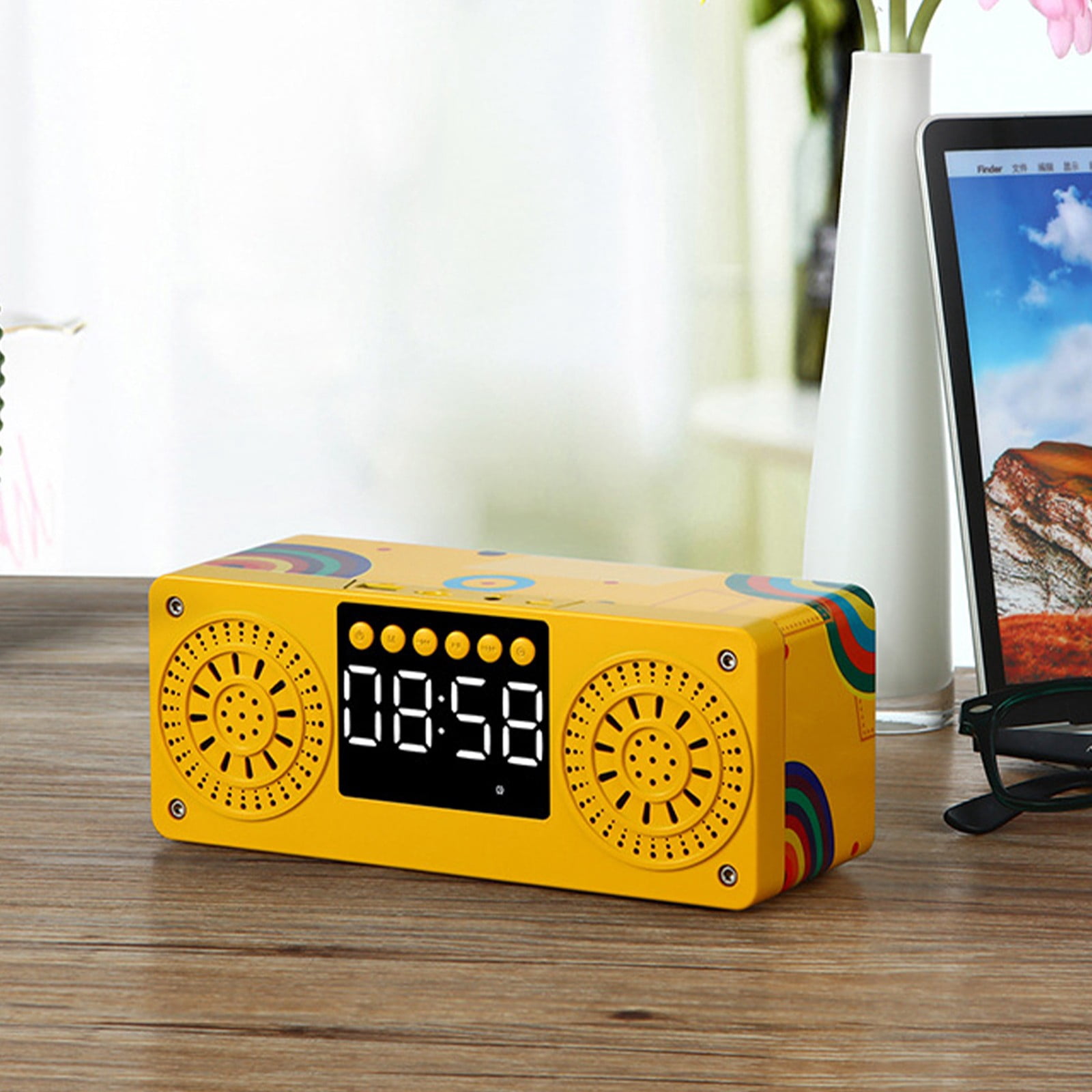 maho A10 Wooden Clock Multi-function Bluetooth Audio U Disk Card Gift Gift Mobile Phone Computer Speaker Bluetooth Speaker for Gift, Shower, Party, Home, Travel