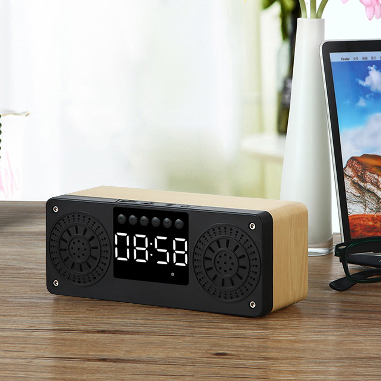 maho A10 Wooden Clock Multi-function Bluetooth Audio U Disk Card Gift Gift Mobile Phone Computer Speaker Bluetooth Speaker for Gift, Shower, Party, Home, Travel