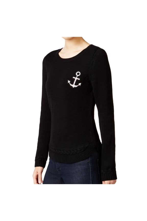 Womens Anchor Patch Knit Sweater, Black, X-Small