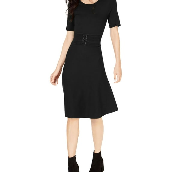 maison Jules Womens Belted Fit & Flare Dress, Black, Large