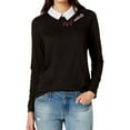 thumbnail image 1 of maison Jules Womens Bow-Stripe Collared Pullover Blouse, Black, Small, 1 of 2