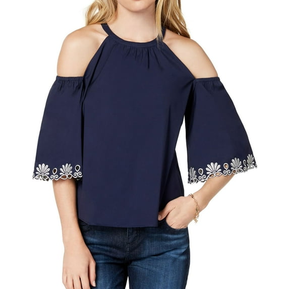 maison Jules Womens Cold Shoulder Eyelet Pullover Blouse, Blue, X-Small