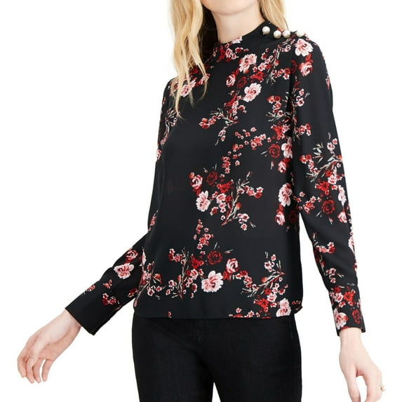 maison Jules Womens Floral Pullover Blouse, Black, X-Small