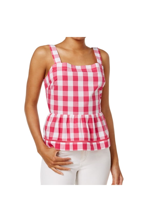 Womens Gingham Peplum Blouse, Pink, XX-Large