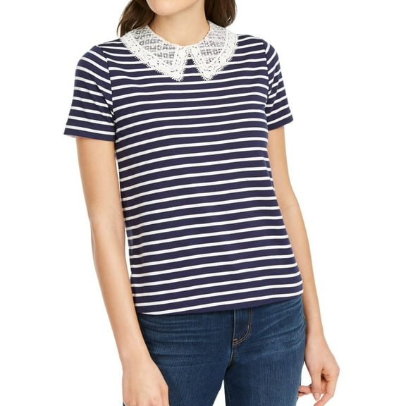 maison Jules Womens Lace Detail Embellished T-Shirt, Blue, Large