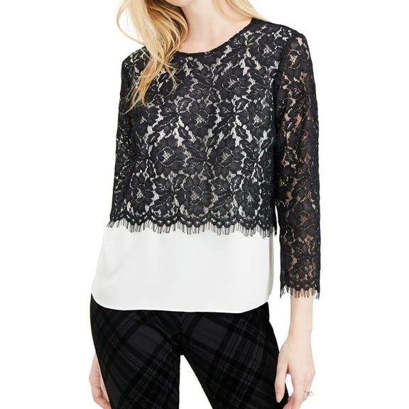 maison Jules Womens Lace-Overlay Pullover Blouse, Black, X-Small