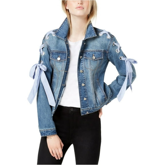 maison Jules Womens Laceup Denim Jacket, blue, Small