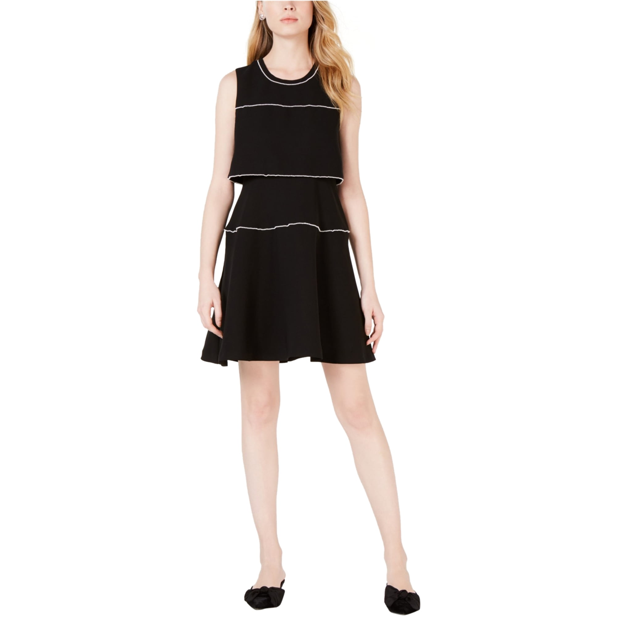 maison Jules Womens Pearl-Trim Fit Flare Dress, Black, X-Large