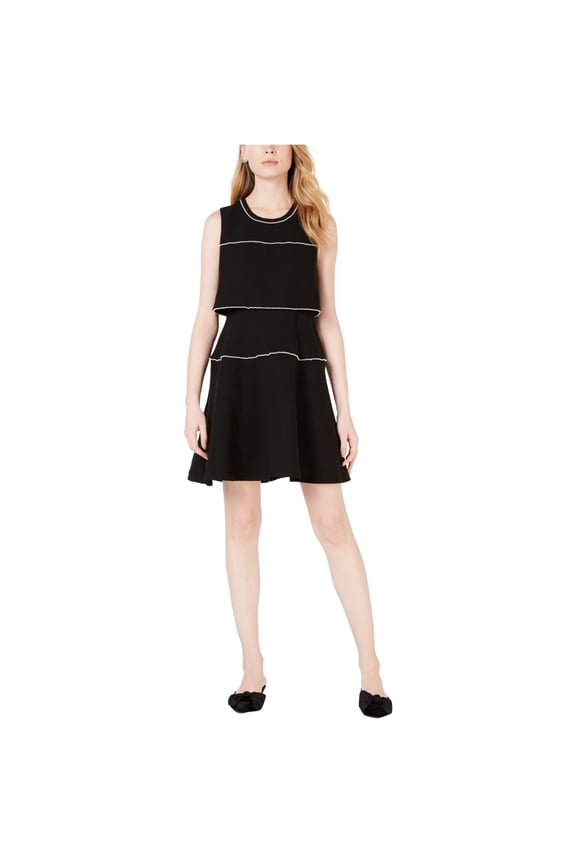 Womens Pearl-Trim Fit & Flare Dress, Black, X-Large