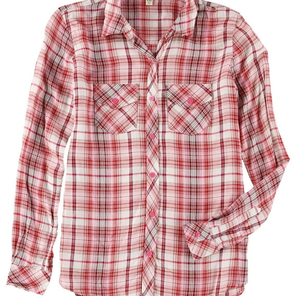 maison Jules Womens Plaid Button Up Shirt, Pink, X-Small